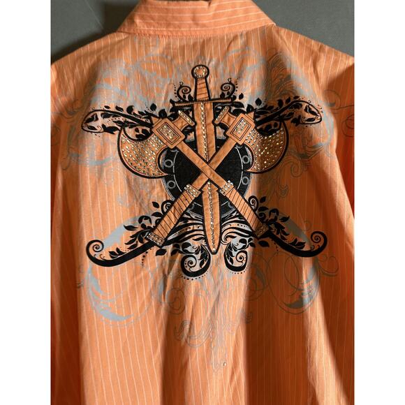 Lamasini Shirt Mens XL Orange Embroidered Sword Axe Studded Western Button Up - Picture 4 of 6